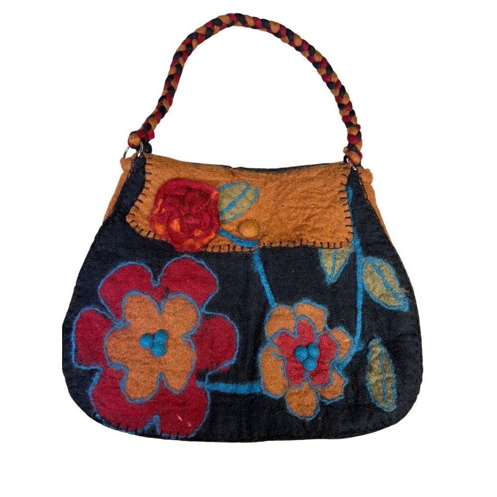 Rising Tide Handmade Felt Floral Handbag With Braided Handle & Button Closure